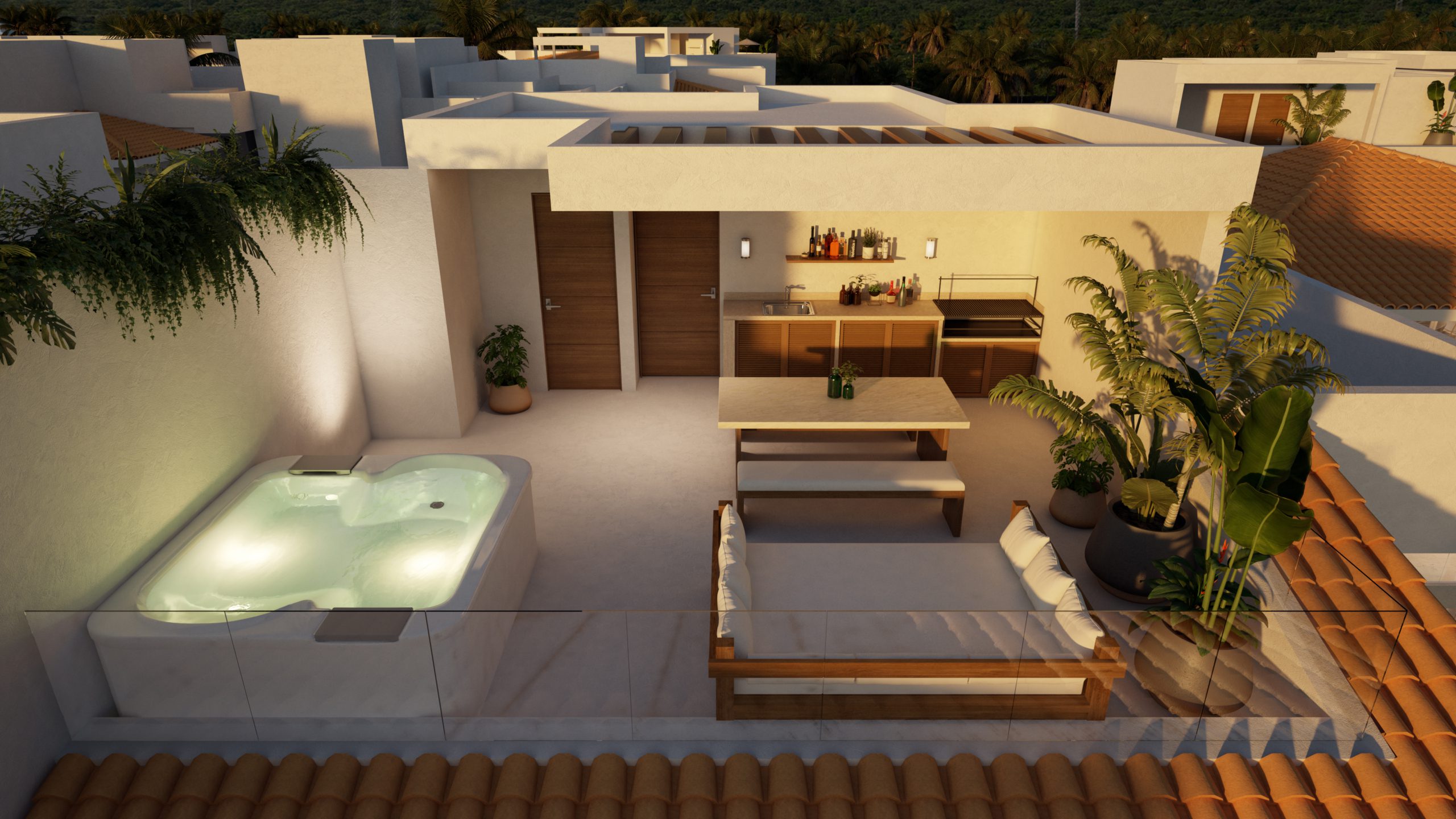 Private terrace at Marina Aqua Puerto Aventuras overlooking garden and pool