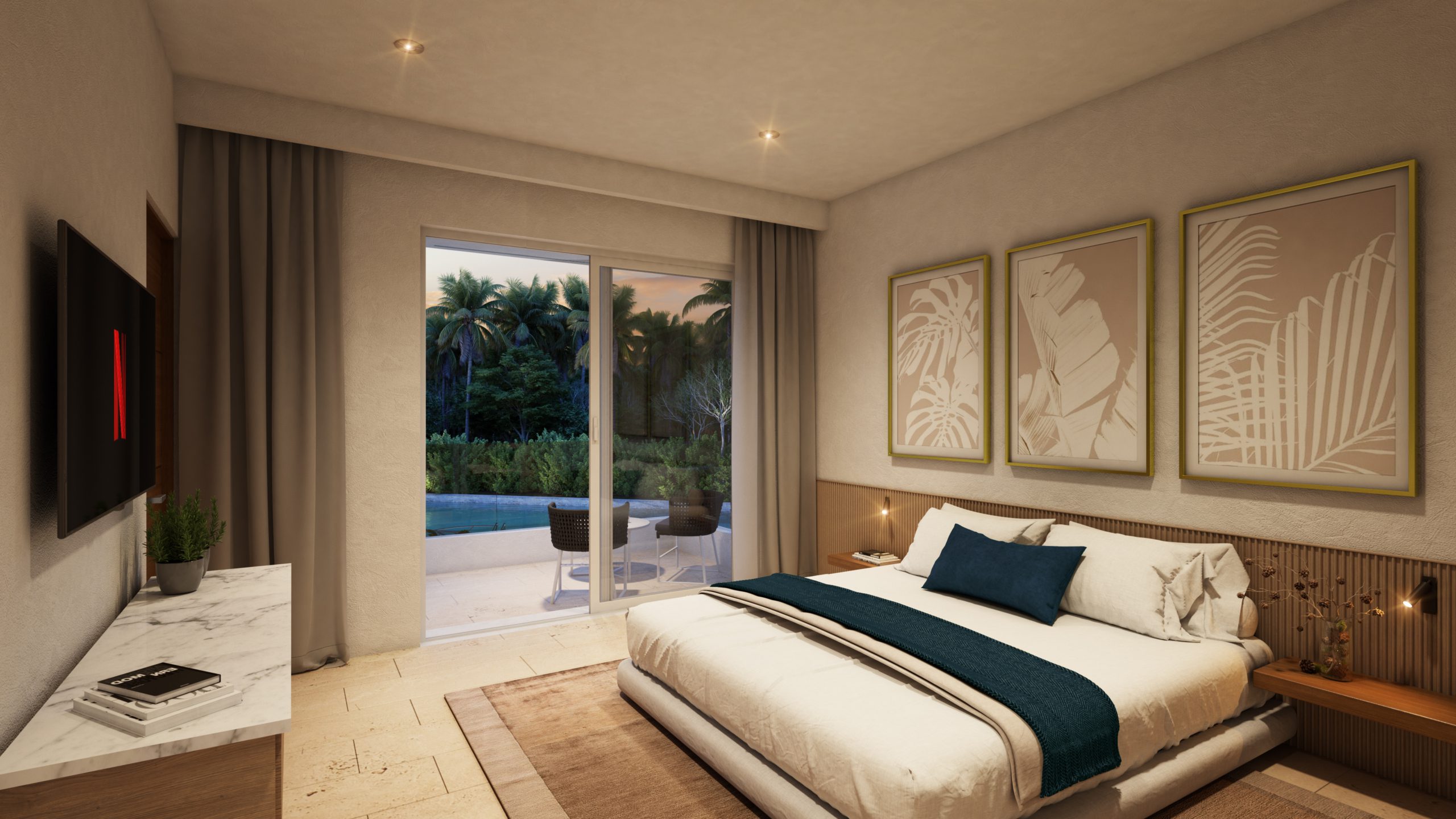 Master bedroom at Marina Aqua Puerto Aventuras with terrace access and marina view